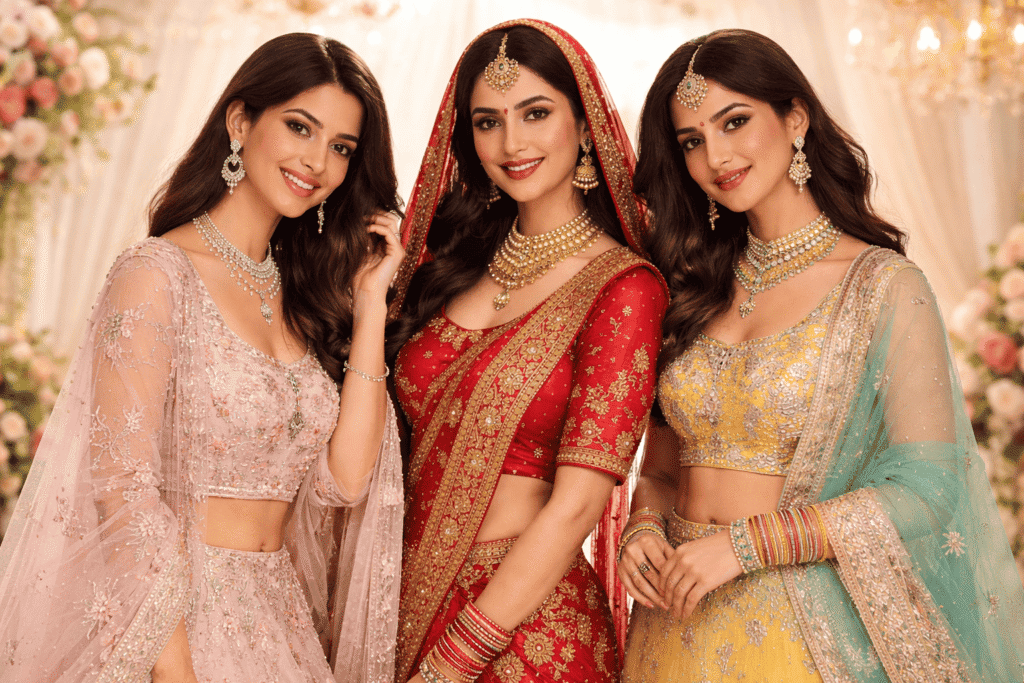 Young stylish brides wearing modern bridal lehenga UK styles showcasing elegant Indian bridal wear UK for Mehndi and wedding reception.