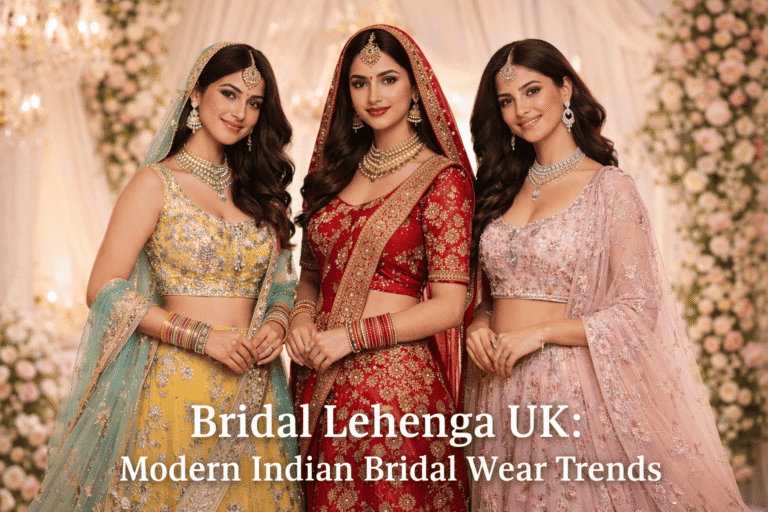 Young beautiful women wearing modern bridal lehenga UK styles in elegant Indian bridal wear UK with soft light background.